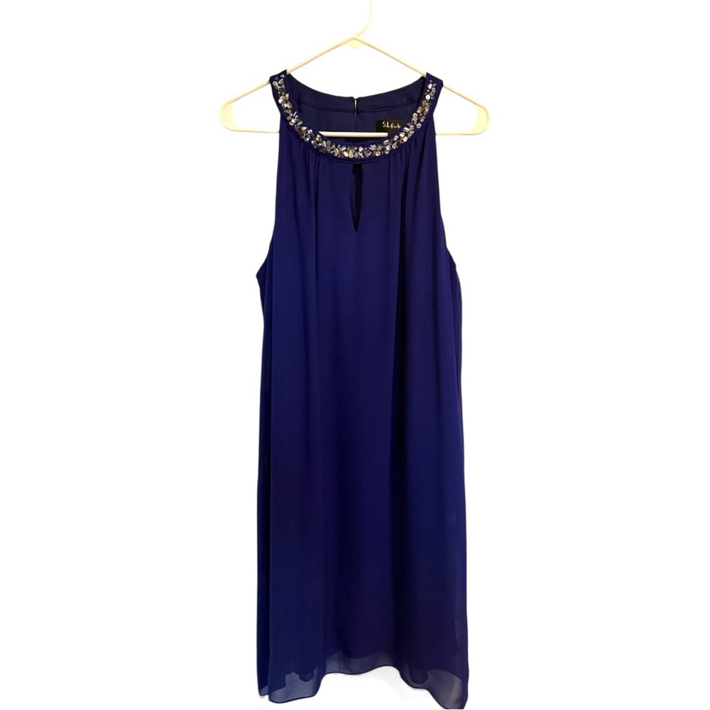 S.L. Fashions Sleeveless Embellished Neck Shift Dress-Navy Blue-Size 14